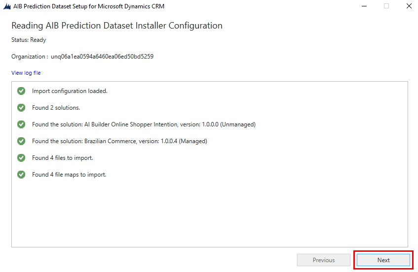 Screenshot der Zusammenfassung der Konfiguration des AI Builder Vorhersage Dataset Installers.