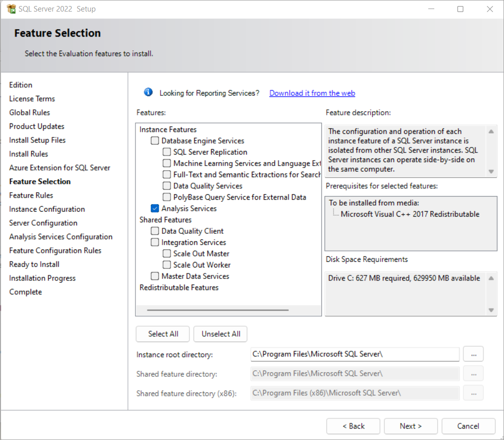 Setupfeaturestruktur mit Der Featurestruktur für das Setup von Analysis Services