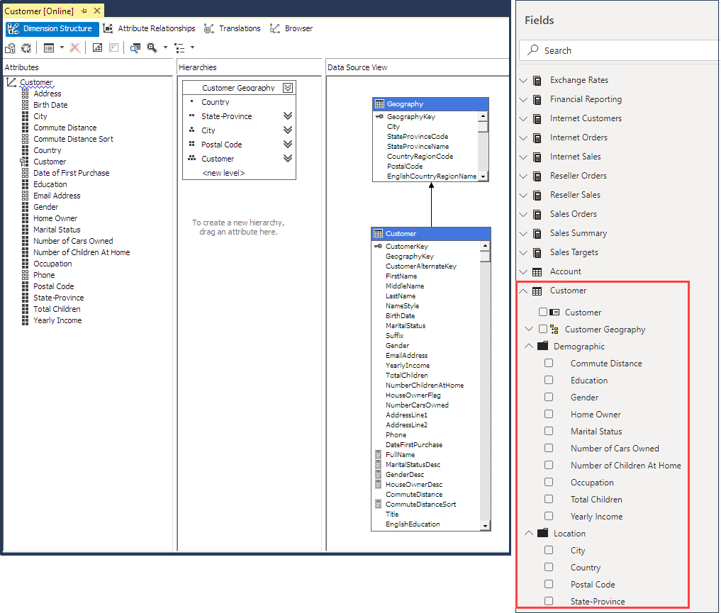 Dimensionen, Attribute, Hierarchien in SSDT und Power BI Fields List