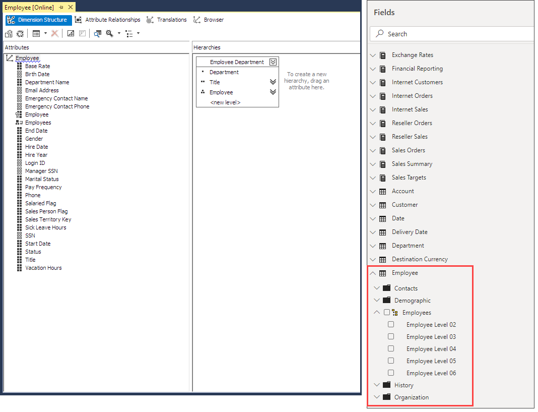 Übergeordnete und untergeordnete Hierarchien in SSDT- und Power BI-Feldliste