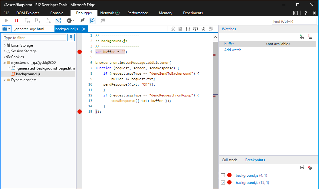 f12 console showing background script with break points