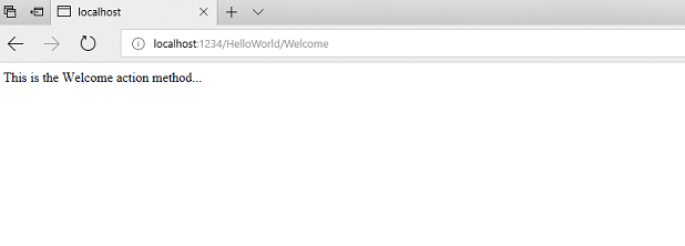 Screenshot: Registerkarte des lokalen Hosts mit dem Text This is the Welcome action method (Willkommen) im Fenster