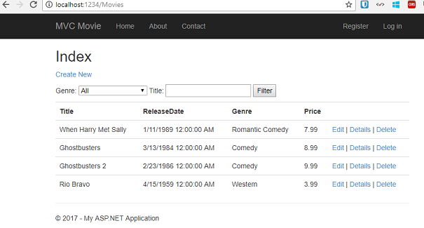 Screenshot des M V C Movie Index mit vier aufgelisteten Filmen.