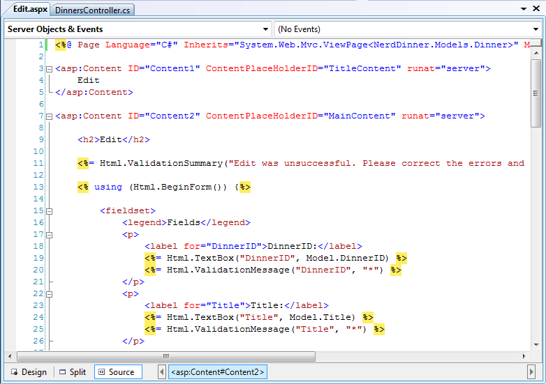 Screenshot der neuen Bearbeitungsansichtsvorlage im Code-Editor.