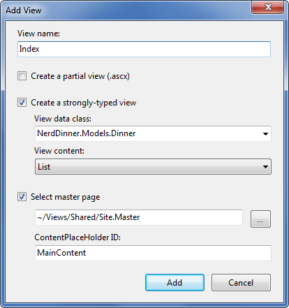 Screenshot des Fensters Ansicht hinzufügen, in dem der Ansichtsname auf Index festgelegt ist, das Kontrollkästchen Stark typisierte Ansicht erstellen aktiviert ist und das Kontrollkästchen Master Seite auswählen aktiviert ist.