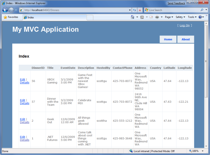 Screenshot des Anwendungsantwortfensters mit der Liste der Abendessen in einem Rasterlayout nach dem Update 