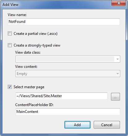 Screenshot des Fensters Ansicht hinzufügen, in dem das Feld Ansichtsname auf Nicht gefunden festgelegt ist, das Kontrollkästchen Master Seite auswählen aktiviert ist und der Inhaltsplatzhalter I D auf Hauptinhalt festgelegt ist.