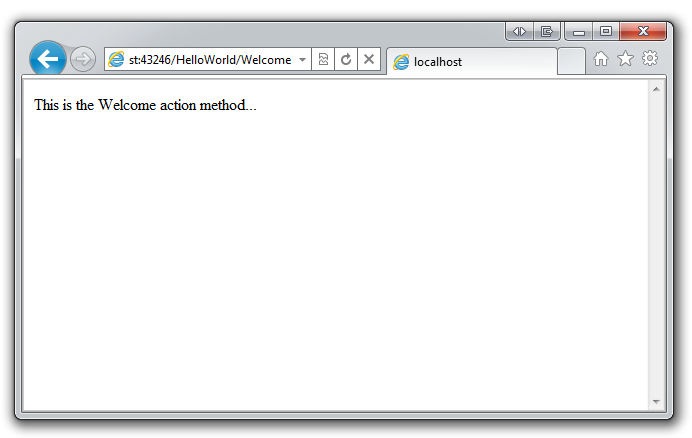 Screenshot: Browser mit dem Text This is the Welcome action method (Willkommen) im Fenster