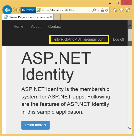 Screenshot der ASP.NET-App-Startseite. Eine Beispiel-Benutzer-ID ist hervorgehoben.