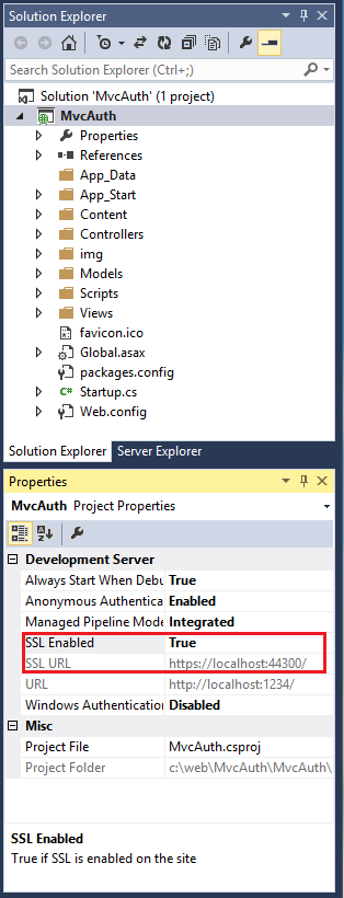 Screenshot: Projektmappen-Explorer Projekteigenschaften für das M v c-Authentifizierungsprojekt S S L Enabled True und S S L U R L sind hervorgehoben.