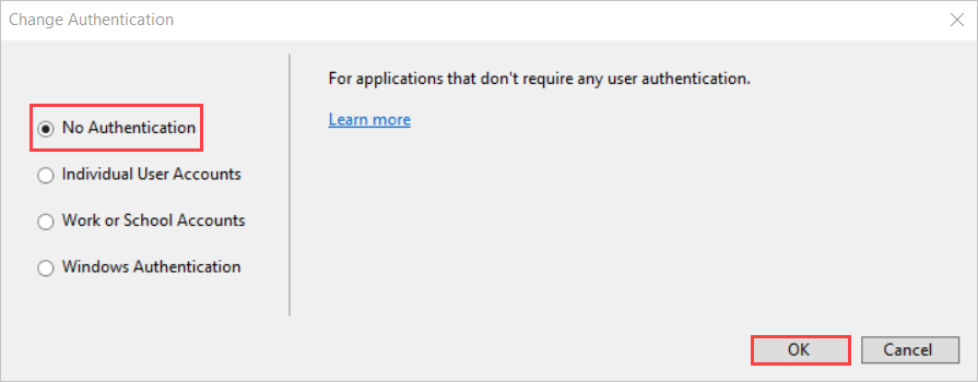 Wählen Sie Keine Authentifizierung aus.