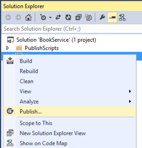 Screenshot des Projektmappen-Explorer Fensters, in dem mit der rechten Maustaste auf das Projekt geklickt wurde und das Element Veröffentlichen in der Liste gelb hervorgehoben ist.