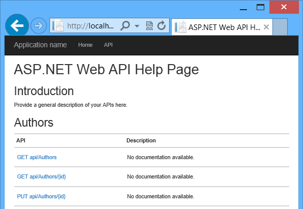 Screenshot der automatisch generierten Hilfeseite mit einer Liste von Links zur Dokumentation für API-Features.