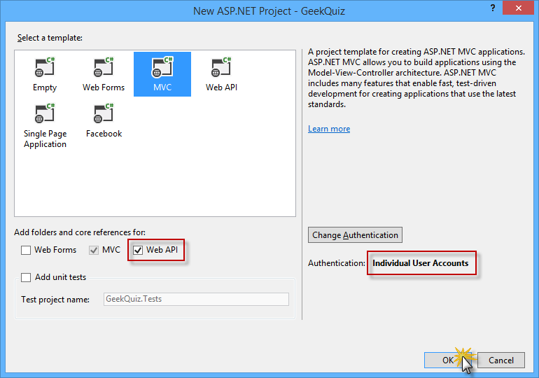 Erstellen eines neuen Projekts mit der MVC-Vorlage, einschließlich Web-API-Komponenten