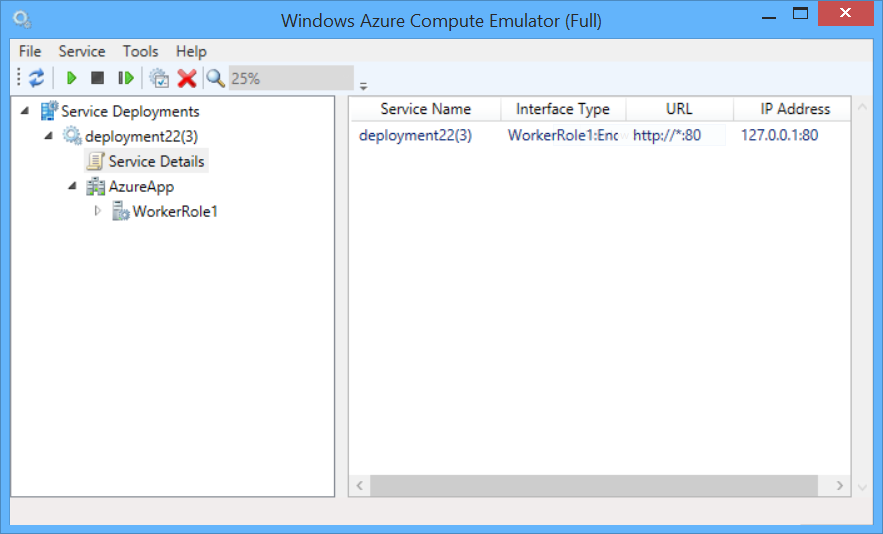 Screenshot der Azure Compute Emulator-U I mit dem Menü und den Ip-Endpunktadresseninformationen, wenn Sie die Option 