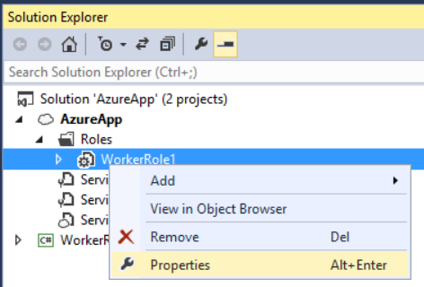 Screenshot des Fenstermenüs des Projektmappen-Explorers, in dem die Schritte zum Auswählen der Eigenschafteneinstellungen der Workerrolle hervorgehoben sind.