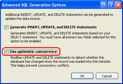 Sie können die Unterstützung für optimistische Parallelität über das Dialogfeld Erweiterte SQL-Generierungsoptionen hinzufügen.