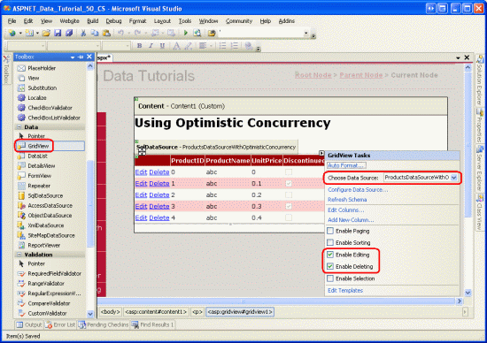 Binden der GridView an die SqlDataSource und Aktivieren von Bearbeitung und Löschen