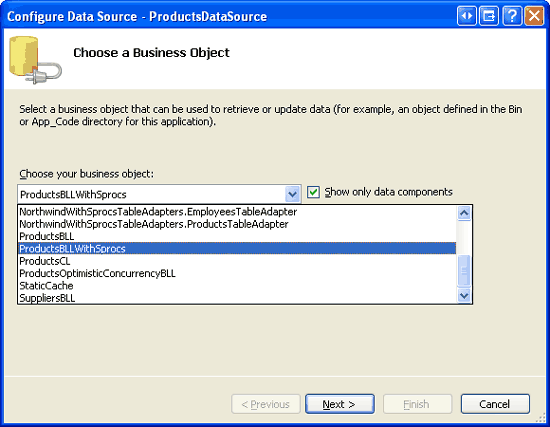 Konfigurieren der ObjectDataSource für die Verwendung der ProductsBLLWithSprocs-Klasse