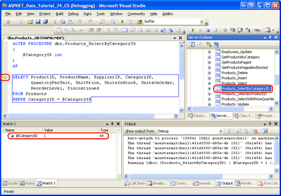 Der Debugger wurde für die erste Anweisung der gespeicherten Prozedur angehalten.