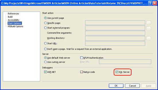 Aktivieren Sie das Kontrollkästchen SQL Server auf den Eigenschaftenseiten der Anwendung.