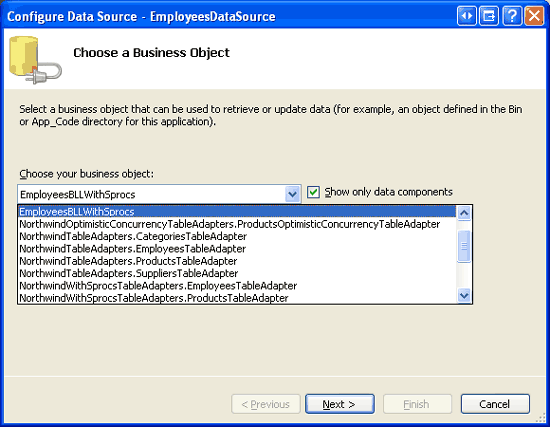 Konfigurieren der ObjectDataSource für die Verwendung der EmployeesBLLWithSprocs-Klasse