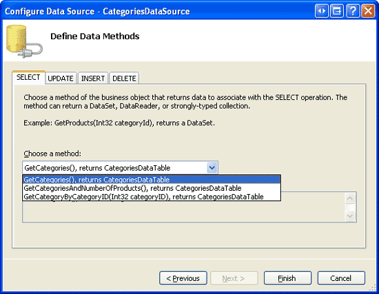 Konfigurieren der ObjectDataSource für die Verwendung der GetCategories()-Methode der CategoriesBLL-Klasse