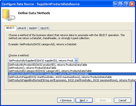 Konfigurieren der Datenquelle für die Verwendung der GetProductsBySupplierID(supplierID)-Methode der ProductsBLL-Klasse