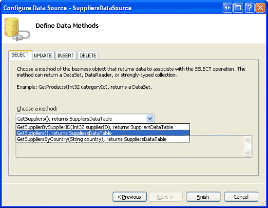 Konfigurieren der Datenquelle für die Verwendung der SuppliersBLL-Klasse getSuppliers() -Methode