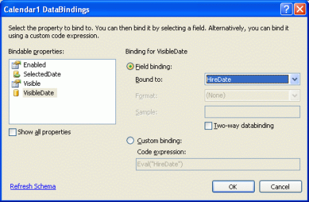 Binden der Eigenschaften SelectedDate und VisibleDate an das Datenfeld 