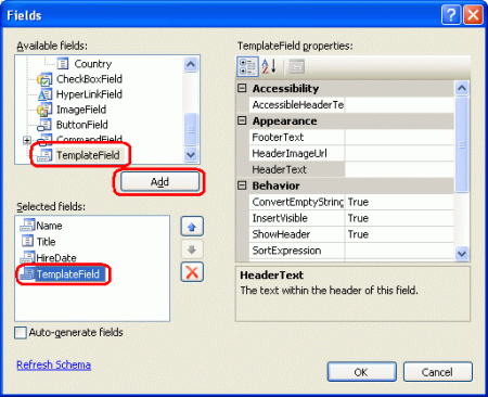 Hinzufügen eines neuen TemplateFields zu GridView