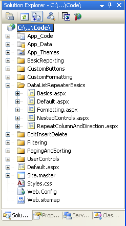 Erstellen eines DataListRepeaterBasics-Ordners und Hinzufügen des Lernprogramms ASP.NET Seiten