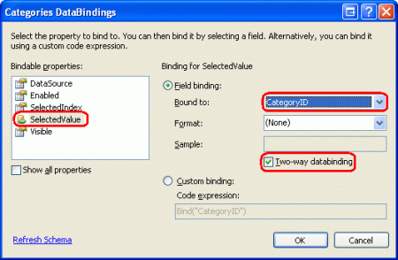 Binden der CategoryID an die SelectedValue-Eigenschaft von DropDownList mithilfe von Bidirektionale Datenbindung