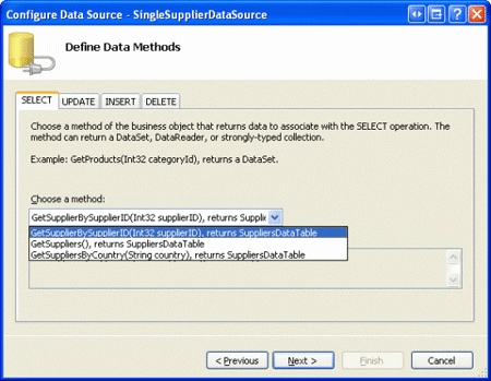 Konfigurieren von SingleSupplierDataSource ObjectDataSource für die Verwendung der GetSupplierBySupplierID(supplierID)-Methode