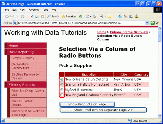 Die GridView-Optionsfelder sind nicht gruppiert.