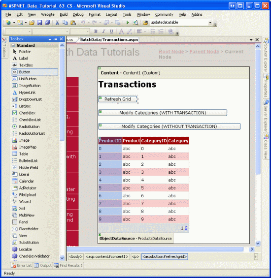 Die Seite enthält eine GridView- und drei Schaltflächen-Websteuerelemente.