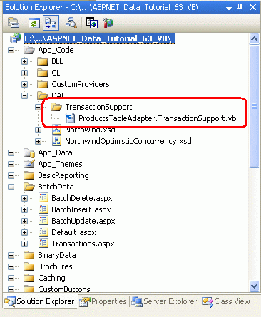 Fügen Sie einen Ordner namens TransactionSupport und eine Klassendatei mit dem Namen ProductsTableAdapter.TransactionSupport.vb