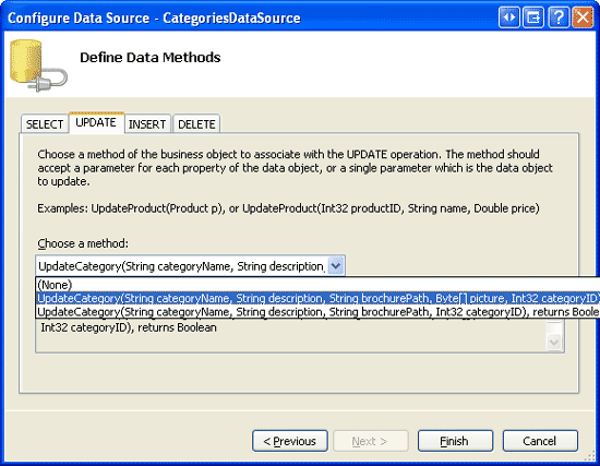 Konfigurieren der ObjectDataSource für die Verwendung der UpdateCategory-Methode, die einen Parameter für Picture enthält