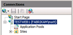 Erweitern Sie im IIS-Manager im Bereich Verbindungen den Serverknoten (z. B. TESTWEB1).