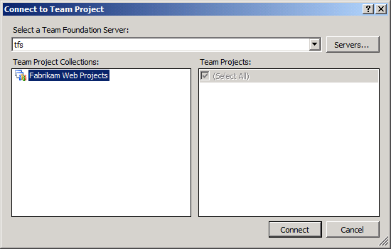 Wählen Sie im Dialogfeld Mit Teamprojekt verbinden den T F S instance Sie eine Verbindung herstellen möchten, wählen Sie die Teamprojektsammlung aus, der Sie hinzufügen möchten, und klicken Sie dann auf Verbinden.