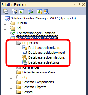 Wenn Sie die Contact Manager-Beispiellösung in Visual Studio 2010 öffnen, sehen Sie, dass das Datenbankprojekt einen Eigenschaftenordner enthält, der vier Dateien enthält.