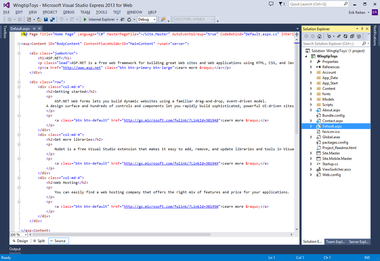 Screenshot des Fensters Microsoft Visual Studio Express 2013 für Web, in dem die seite Default.aspx angezeigt wird.