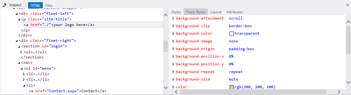 CSS-Formatvorlagenablaufverfolgung des ausgewählten Elements