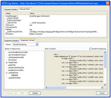 Eine UpdatePanel-Antwortnachricht, die mithilfe des HTTP-Protokoll-Viewers angezeigt wird.