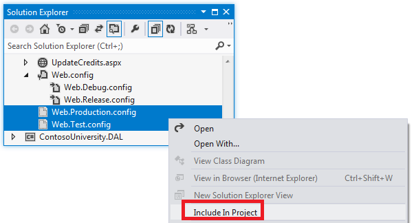 Einschließen von Test- und Produktionskonfigurationsdateien im Projekt