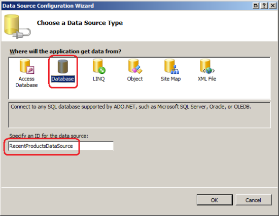 Binden der GridView an ein SqlDataSource-Steuerelement namens RecentProductsDataSource