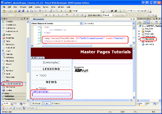 Hinzufügen eines ContentPlaceHolder-Steuerelements zur linken Spalte der Gestaltungsvorlage