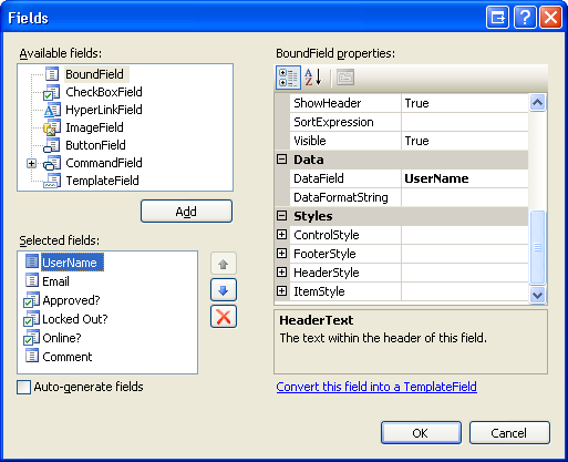 Hinzufügen von drei BoundFields und drei CheckBoxFields zu GridView