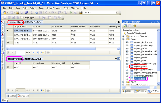 Der Inhalt der Aspnet_Users- und UserProfiles-Tabellen wird angezeigt.