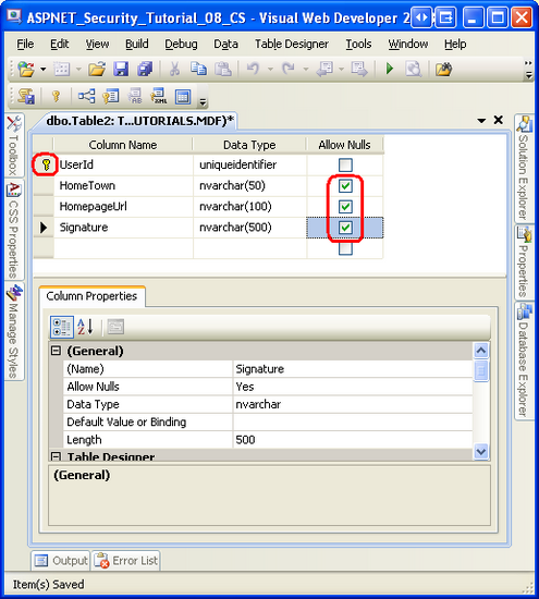 Erstellen der UserProfiles-Tabelle